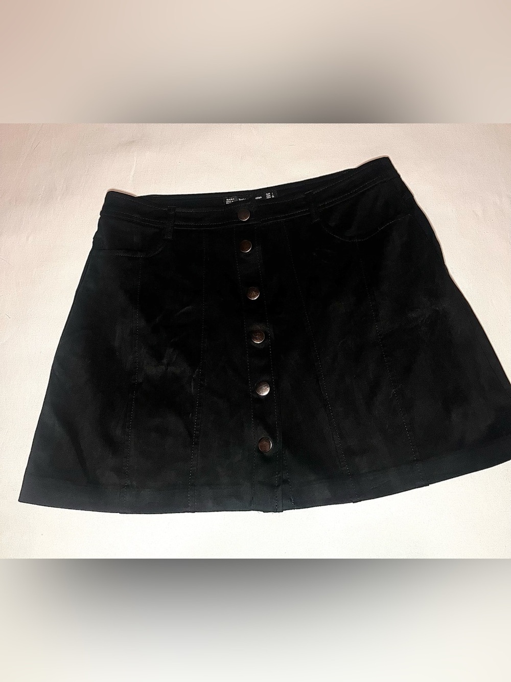 classic Zara black faux suede button-front mini skirt.